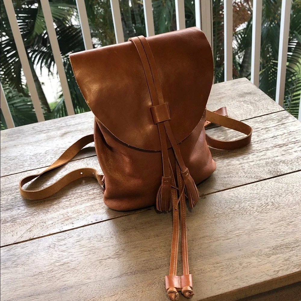 Leather Tassel Drawstring Backpack - Brown